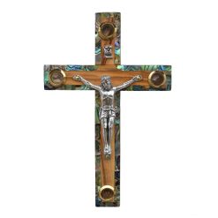 Olive Wood and Abalone Small Latin Crucifix with Four Holy Samples from Bethlehem