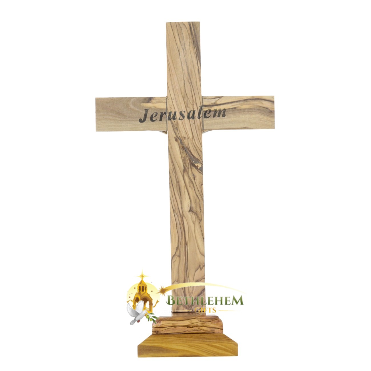 Olive Wood Large Crucifix with Holy Samples on Base-back